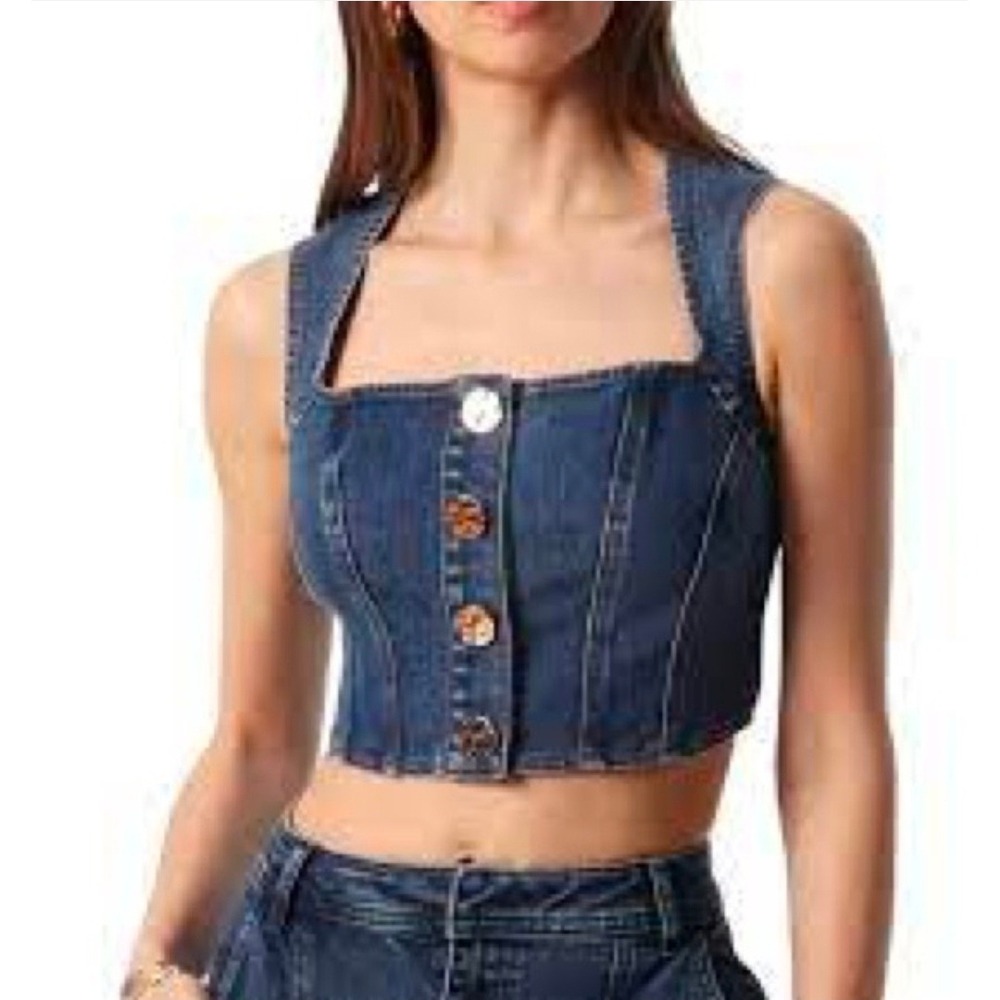 House of Harlow 1960 Nicole Richie Denim Corset Top Blue Gold Button Crop XS